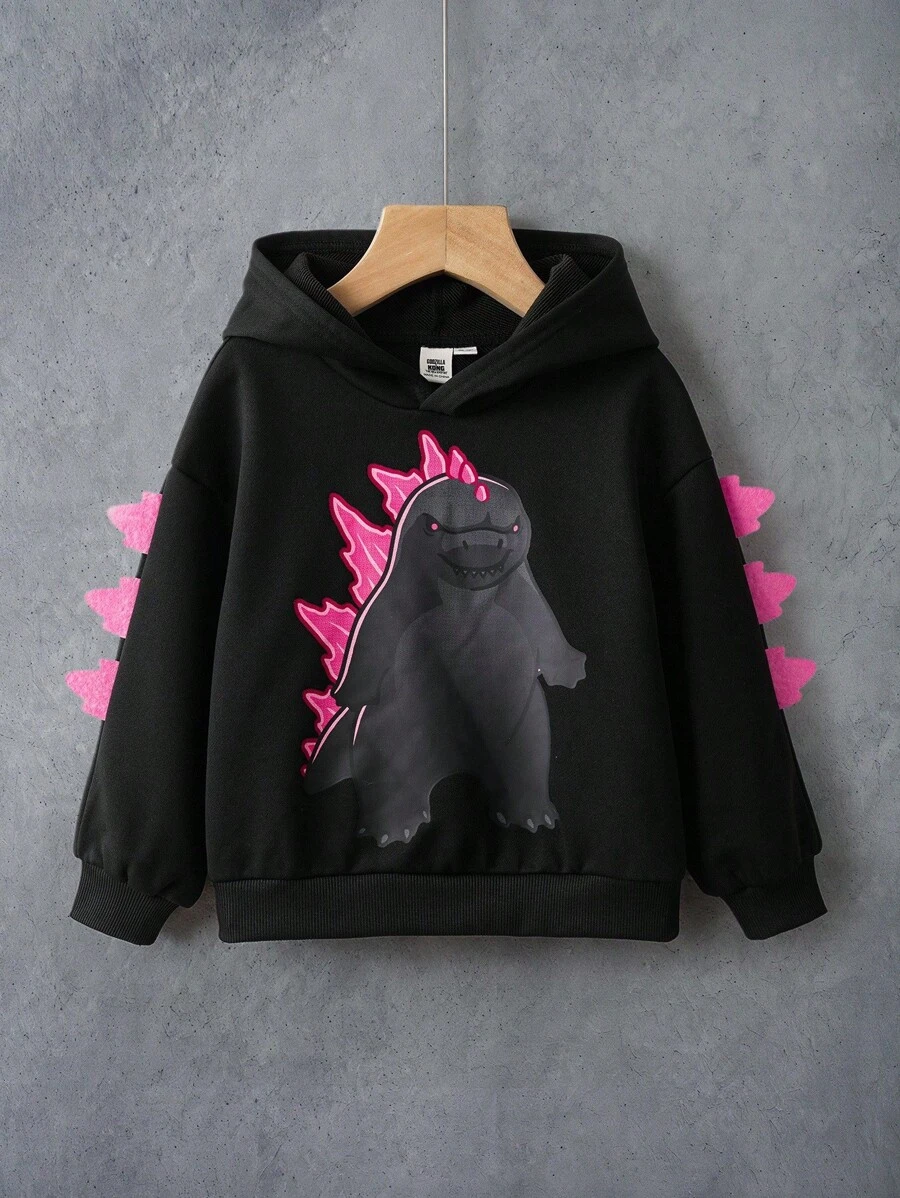 GODZILLAxKONG X SHEIN 小男孩卡通图案长袖宽松针织黑色连帽卫衣