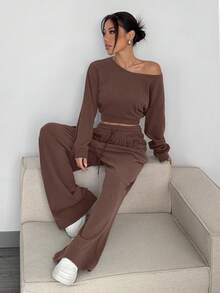 SHEIN EZwear 女士咖啡色斜肩上衣和裤子休闲套装 - 咖啡棕 - 查看 5