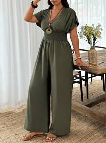Weeklong Plus Size Casual Solid Color Short Sleeve Jumpsuit  BASICS