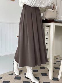 DAZY Casual Versatile Commute Solid Color Pleated Skirt - Maroon - View 5