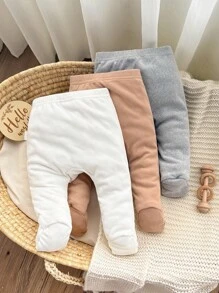 SHEIN 3pcs/Pack Newborn Baby Girl Solid Color Knit Simple Casual Cute Versatile Leggings Fall Winter - Multicolor - View 3