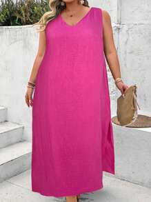 SHEIN CURVE+ Robe longue noire en coton lavé avec dos en dentelle, style bohème pour les vacances, grande taille