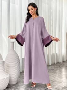 Al Najma 女式 V 领撞色喇叭袖阿拉伯长裙，端庄优雅的全罩式长裙，适合日常休闲/节日/晚会/婚礼宾客 - 紫色 - 查看 8