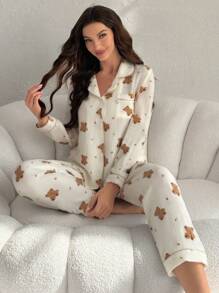 泰迪熊图案长袖上衣和裤子睡衣套装，秋冬服装