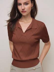 BizChic 2025秋冬新款咖啡棕色Polo领钻石纹针织女毛衣，优雅都市商务休闲办公装，适合约会、派对、郊游、机场、浪漫乡村音乐会、复古韩式、机场、婚礼嘉宾、生日、万圣节、圣诞节 - 咖啡棕 - 查看 6