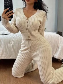Sparklyn Ribbed V-Neck Fitted Cropped Top & Straight Leg Casual Pants Knit Suit Set Two Pieces Set Knit Set Co Ord Sets Ribbed Sweater Set Women Pants Set Two Pieces Set Women Pants Set Ribbed Knit Set Women Two Pieces Pants Set Knit Two Pieces Set Ribbed Two Pieces Set Two Piece Set Girl Co Ord Sets Teen Pants Suit Fall Winter Sweater For Girls Kids Two Piece Sets Girls Knit Pants Girls Knit Sweater Girl Knit Set