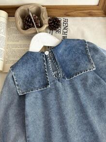 SHEIN Robe en jean ample à manches lanternes lavées avec col surdimensionné, style mode été pour bébé fille. Convient pour les sorties, les courses, les fêtes, les activités décontractées à la maison et en extérieur