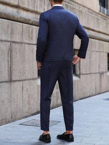 Manfinity Bizformal 男士商务格纹印花翻领西装外套和裤子套装，蓝色格纹男士两件套办公室，Old Money - 藏蓝色 - 查看 2