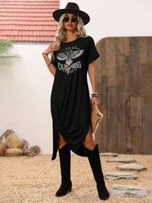 Wildy 女士平口短袖分擔裙，圖形印花，下擺分割式設計 - 黑色 - 查看 5