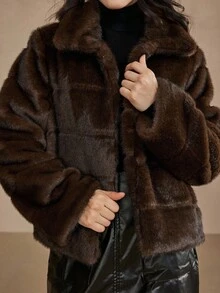 DAZY 女式立领短款仿皮草外套 - 棕色 - 查看 4