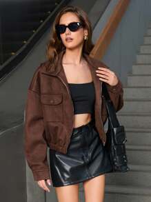 Chiquease 欧美休闲时尚商务通勤风格翻领口袋装饰腰部抽绳宽松纯色仿麂皮夹克 - 咖啡棕 - 查看 4