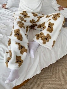 DAZY Men's Bear Pattern Fleece Lounge Pants, Autumn/Winter, Fall Fluffy Pajama