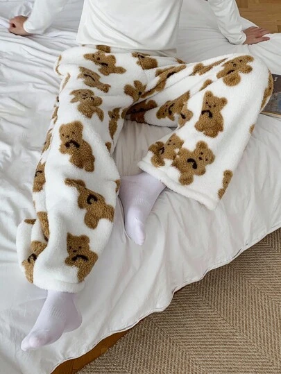 DAZY Men's Bear Pattern Fleece Lounge Pants, Autumn/Winter, Fall Fluffy Pajama Pants, Cozy