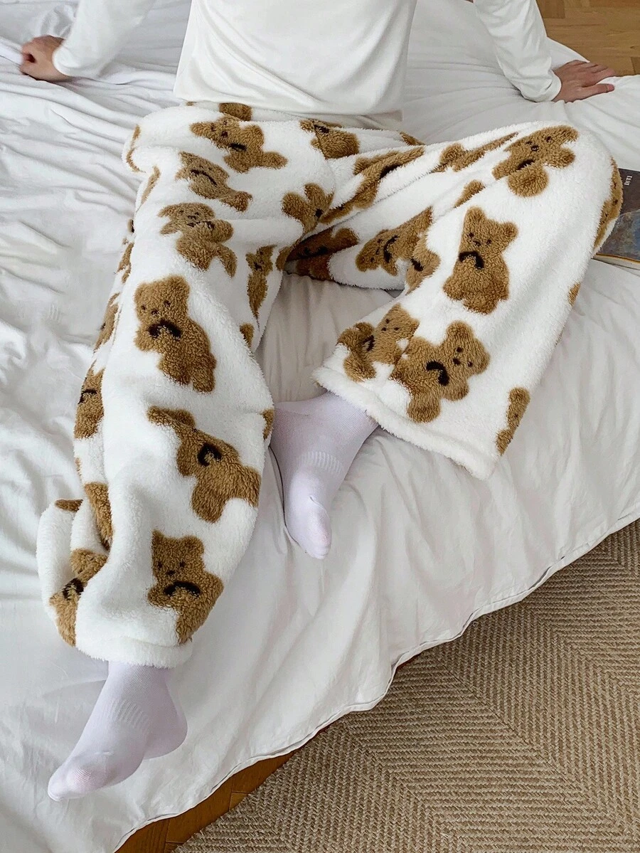 DAZY Men's Bear Pattern Fleece Lounge Pants, Autumn/Winter, Fall Fluffy Pajama