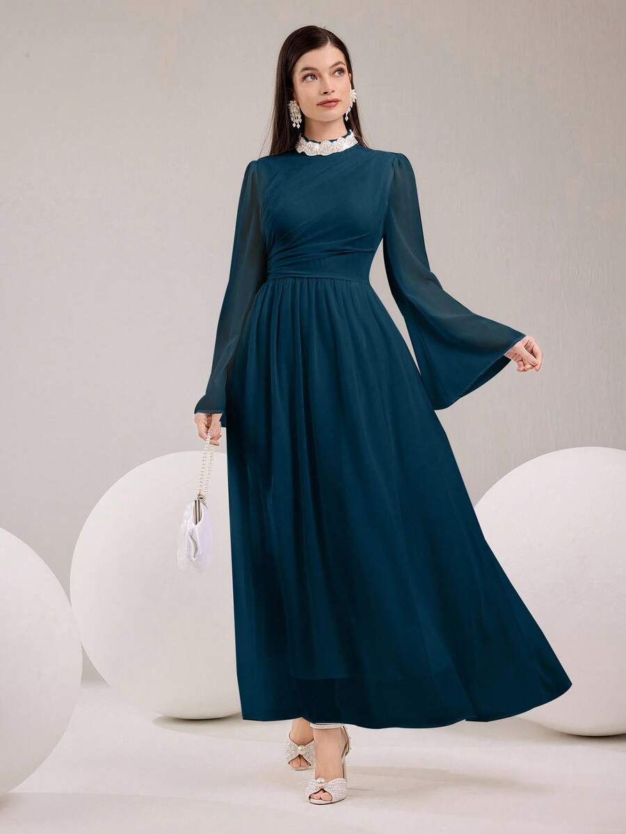 Modelyn 女士优雅派对珍珠缀饰喇叭袖连衣裙 - 水鴨藍 - 查看 1