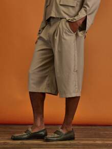 Musero Tailored Long Line Pleated Shorts With Button Detailing Spring Summer Holiday Vacation - Khaki - View 3