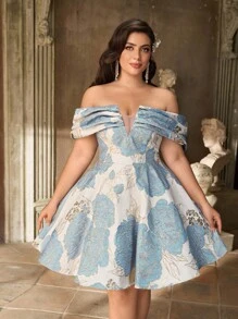 Aureia Plus Size Elegant Luxurious Blue & Gold Jacquard Off-Shoulder V-Neck Ruched A-Line Dress, Suitable For Party, Celebration, Formal Dinner, Gala - Blue - View 3