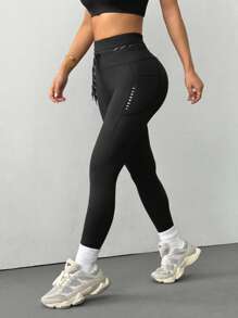 Cheerettes Women's Solid Color Drawstring Waist Pocket Leggings, Casual & Fitness Yoga Pants - Black - View 4