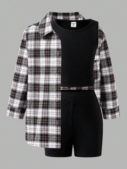 女童简约时尚黑色纯色短袖短裤和格子长袖衬衫套装
