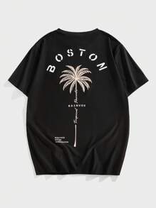 Manfinity VCAY Men's Summer Letter & Palm Tree Print Round Neck Short Sleeve Casual T-Shirt, Emo, 2000s Style - Black - View 1