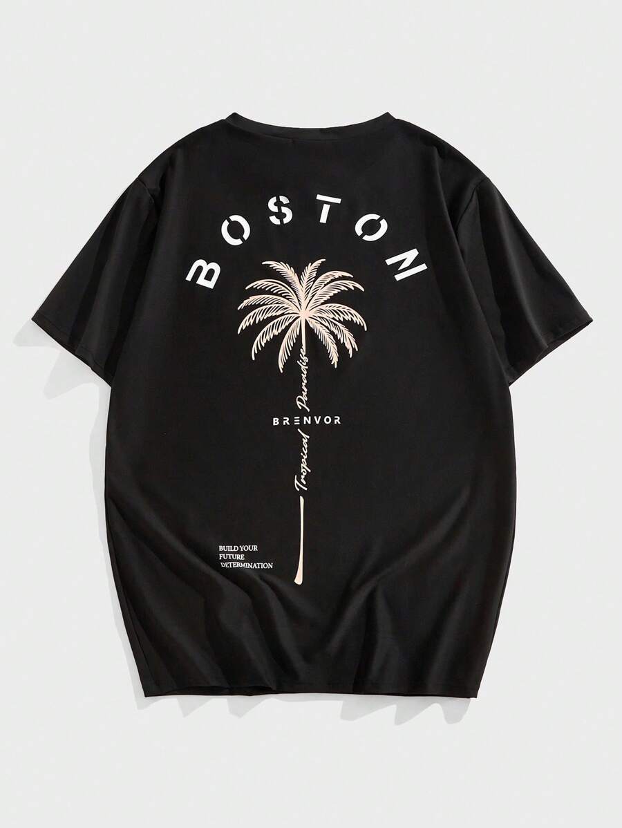 Manfinity VCAY Men's Summer Letter & Palm Tree Print Round Neck Short Sleeve Casual T-Shirt, Emo, 2000s Style - Black - View 1