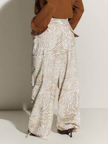 Athîral Women's Zebra Print Drawstring Waist Pockets Wide Leg Loose Pants,Balloon Pants, ,Summer,Autumn,Umbrella Pants,Leisure Sports - Khaki - View 3