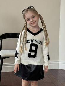 SHEIN Young Girl Letter & Number Pattern V-Neck Fitted Casual Sweater,In Fall/Winter - White - View 3