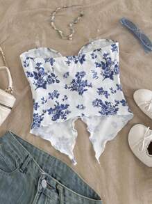 SHEIN Tween 女童休闲花卉印花不对称下摆背心，舒适简约 - 藍色 - 查看 2