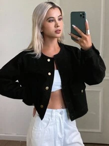 Livesso Women's Round Neck Long Sleeve Denim Jacket, Autumn - Black - View 3