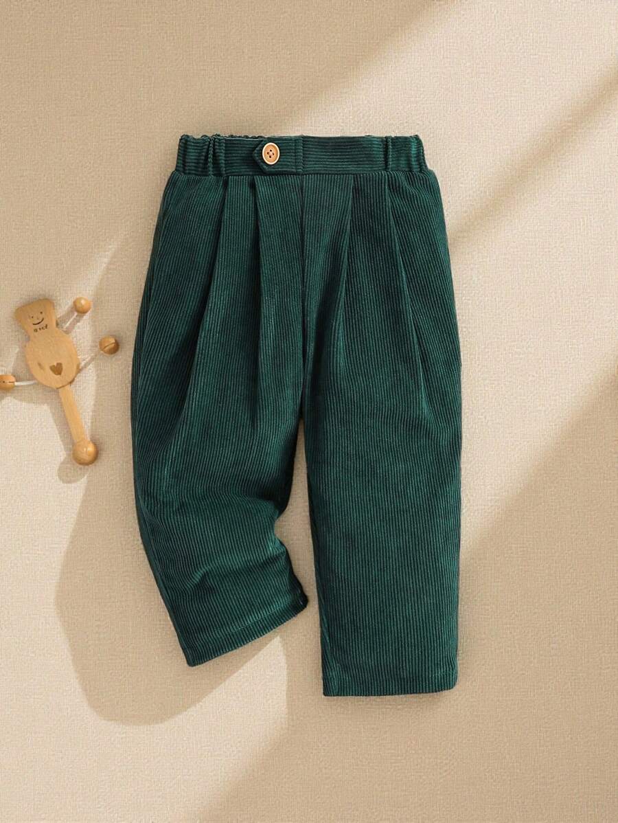 Souflis Souflis 1pc Baby Boys' Casual Retro Comfortable Corduroy Pleated Pants, Suitable For Daily Wear, Autumn/Winter - Dark Green - View 1