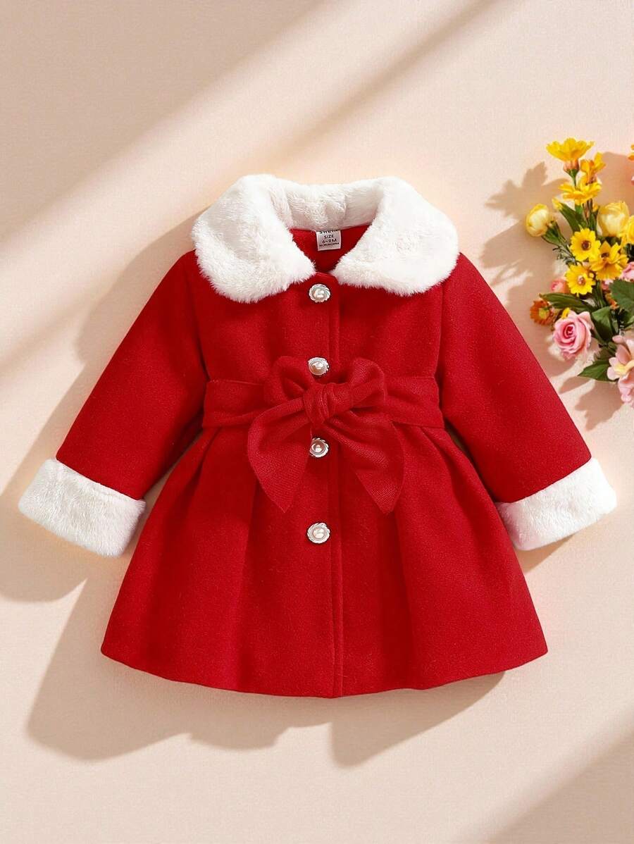 Souflis Souflis Baby Girls' Color Blocking Lapel Bow Decor Long Sleeve Warm Jacket - Red - View 1