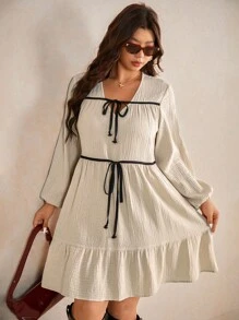 Elaquor Plus Size Casual 3/4 Lantern Sleeve Tie-Up Textured Chiffon A-Line Dress - Apricot - View 6