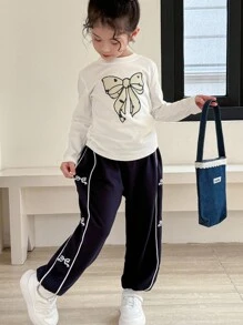 SHEIN 少女休闲蝴蝶结下摆裤 - 藍白色 - 查看 4