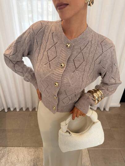 Lavishia Women's Solid Color Long Sleeve Single-Breasted Hollow Out Casual Cardigan Autumn Clothes Fall Women Clothes Fall Dresses For Women