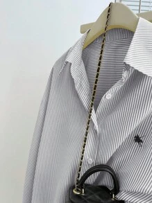 INAWLY 大码休闲通勤条纹长袖衬衫 - 灰色 - 查看 6