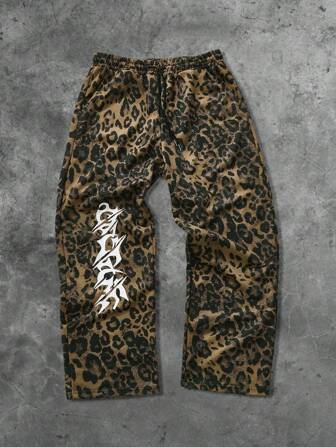 Street Life Unisex Leopard & English Graphic Printed Sweatpants, Street American Style