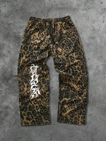 Street Life Pantaloni della tuta con stampa leopardata e grafica inglese, stile americano da strada, unisex