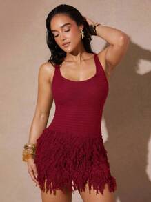 Silquee 女式流苏下摆无袖修身针织连衣裙 - 酒紅色 - 查看 3