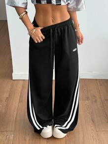 Coolane 女式秋季嘻哈运动休闲棉质织带阔腿运动裤 - 黑色 - 查看 6