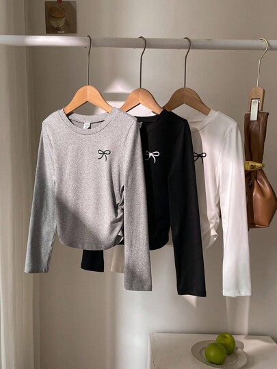 3pcs/Set Preteen Girls Long Sleeve Crew Neck Fitted T-Shirts With Bow Decor, Casual Everyday Tops For Autumn Fall Winter