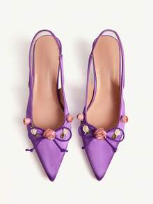 CUCCOO CHICEST Giày cao gót mũi nhọn thanh lịch dành cho nữ với họa tiết hoa hồng 3D, điểm nhấn nơ, gót nhọn, chất liệu satin, thích hợp cho những dịp trang trọng, tiệc tùng, hẹn hò, trà chiều, Halloween, màu tím - Màu tím - Xem 9