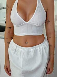 Lucia Bellido Summer Solid Backless Crop Halter Top - White - View 3