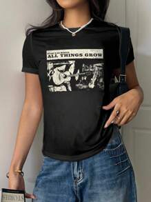 Attitoon 休闲街头风格照片印花图案修身女式短袖T恤，适合夏季、音乐节、朋克风格、Y2K - 黑色 - 查看 5