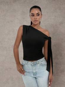 SHEIN BAE 秋季女式不对称领斜肩带衬衫，优雅适合日常约会、旅行、夜店派对、万圣节装扮