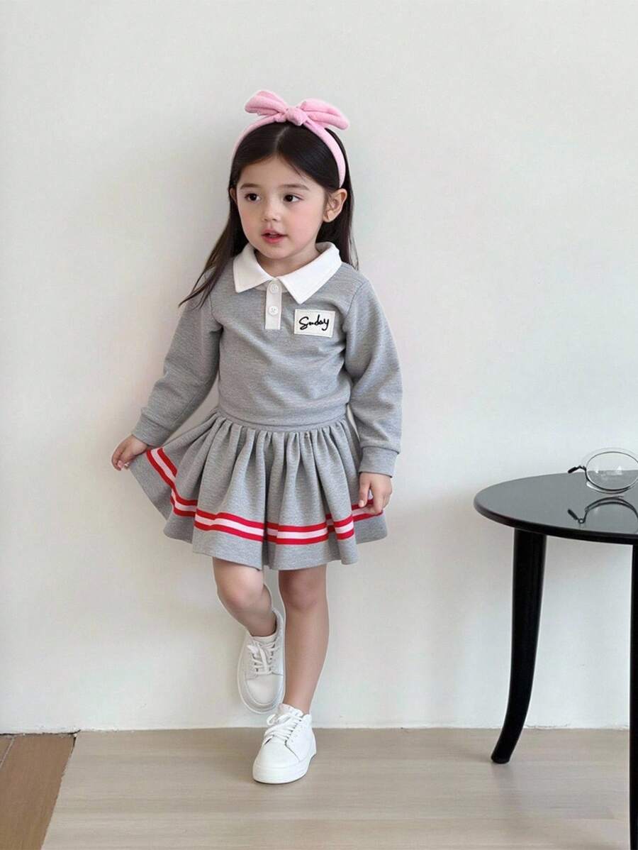 Souflis Souflis 2 件套女婴 2025 春秋学院风长袖灰色休闲时尚上衣 + 百褶裙甜美装 - 灰色 - 查看 1