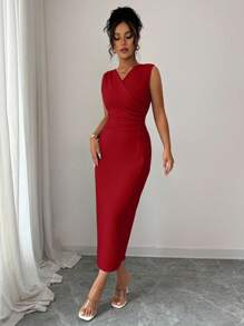 Elenzga Đầm ôm body màu trơn không tay cổ chữ V thoải mái, dễ thương, quyến rũ, lãng mạn, đi làm, thường ngày dành cho nữ - Màu Đỏ Sâu - Xem 6