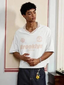 Manfinity VCAY Men's Casual Street Sports Letter & Floral Print Contrast V-Neck Raglan Sleeve Loose T-Shirt, Summer - White - View 4