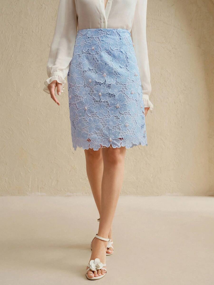 Anewsta 女士度假风格镂空刺绣水钻装饰高腰派对裙 - 淺藍色 - 查看 1