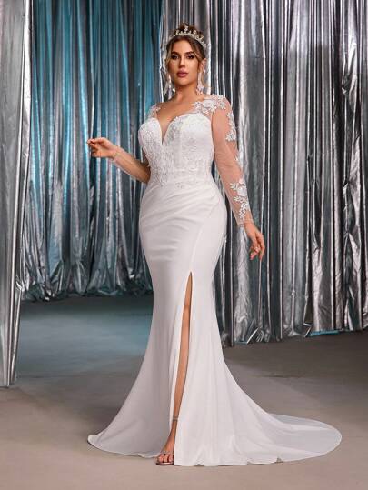 Glamrae Vestido maxi elegante y lujoso de talla grande en beige, con mangas largas transparentes, espalda abierta, encaje bordado, parches, fruncido, abertura y cola de pez con cola, adecuado para bodas, fiestas y vacaciones