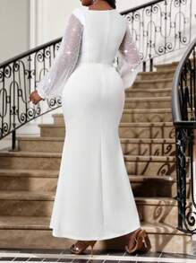 Fleurora 大码女士优雅派对连衣裙，不对称领口网纱拼接，水钻灯笼袖，鱼尾下摆，修身款